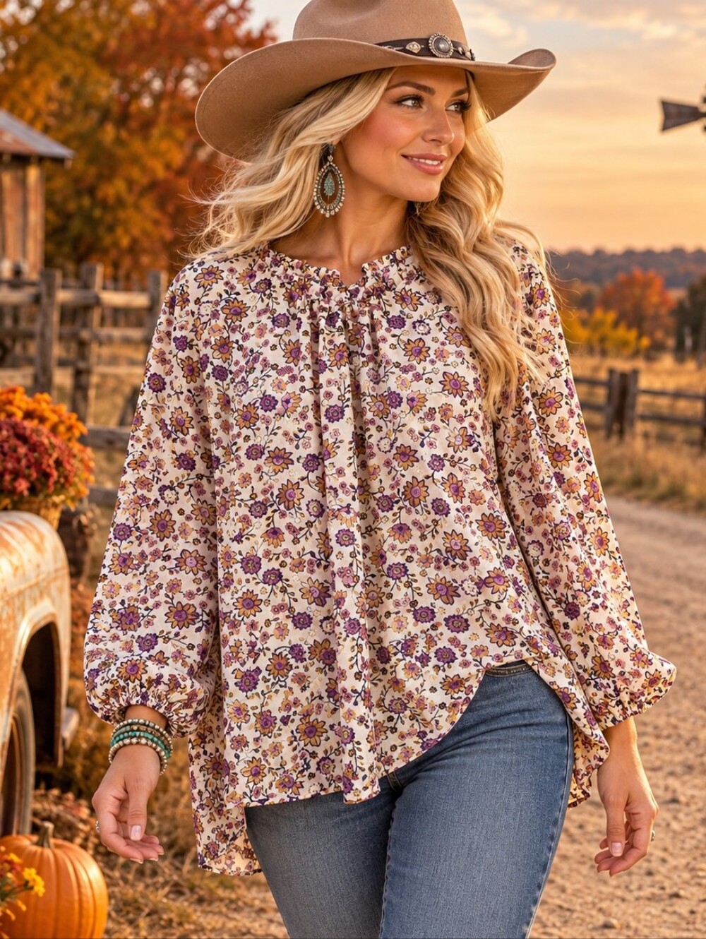 Carolina Belle Floral Boho Peasant Blouse Purple Mustard Western Top,  Size 2X